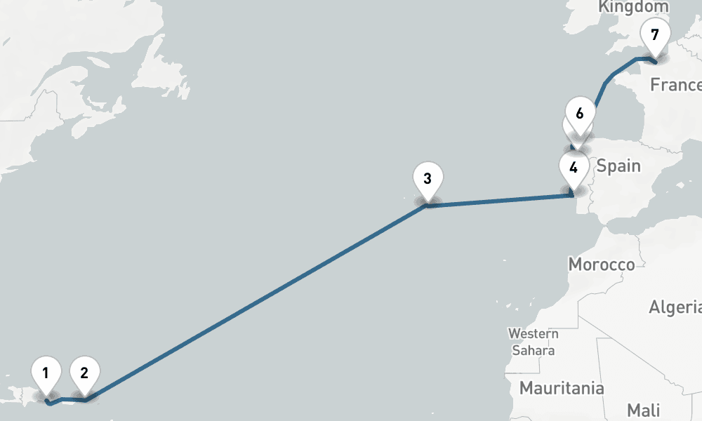 13 days, one-way from La Romana to Le Havre-Paris 14日間