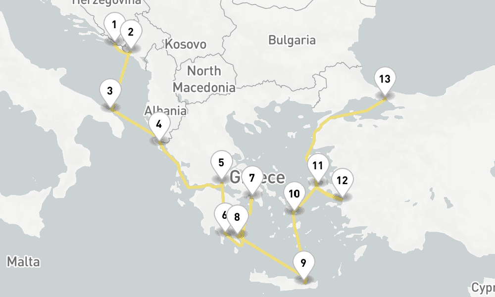 14 days, one-way from Dubrovnik to Istanbul 15日間