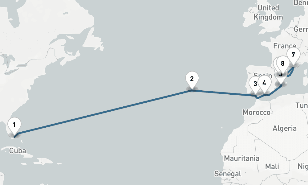 15 days, one-way from Miami to Barcelona 16日間