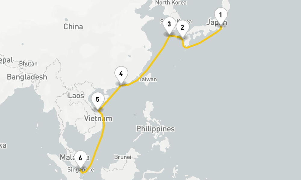 11 days, one-way from Yokohama to Singapore 12日間