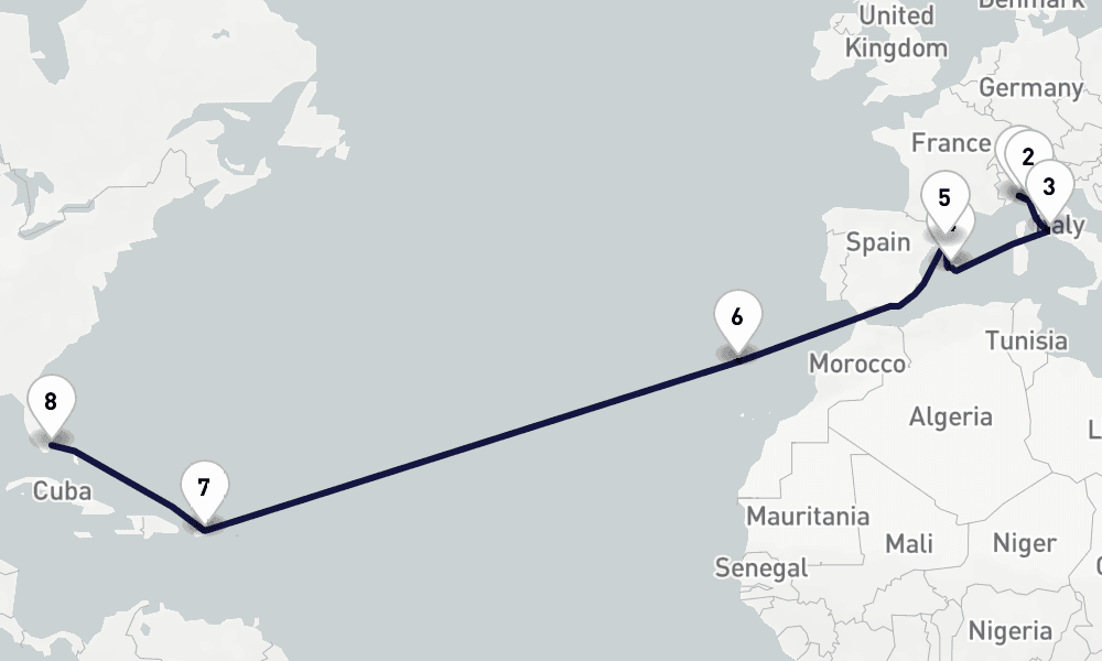 18 days, one-way from Genoa to Miami 19日間