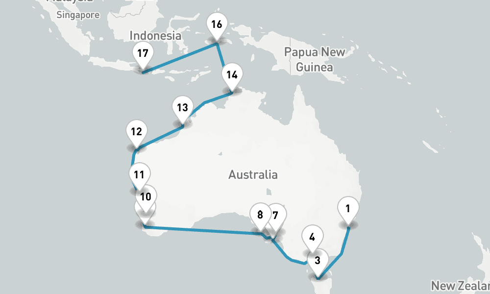 29 days, one-way from Sydney to Benoa 30日間