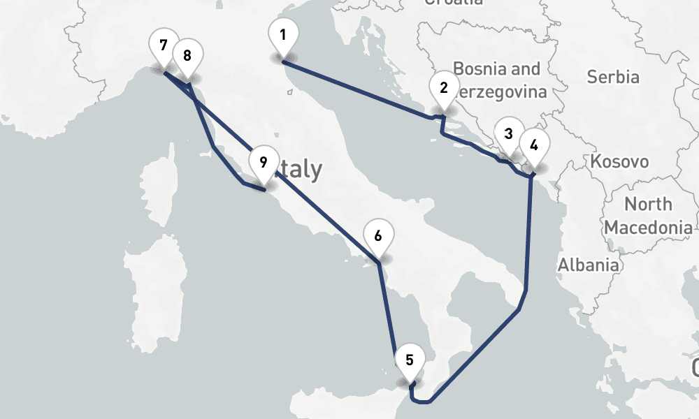 10 days, one-way from Ravenna to Civitavecchia-Rome 11日間
