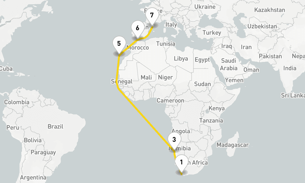18 days, one-way from Cape Town to Barcelona 19日間