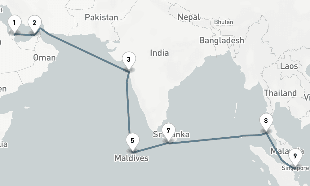 17 days, one-way from Doha Qatar to Singapore 18日間