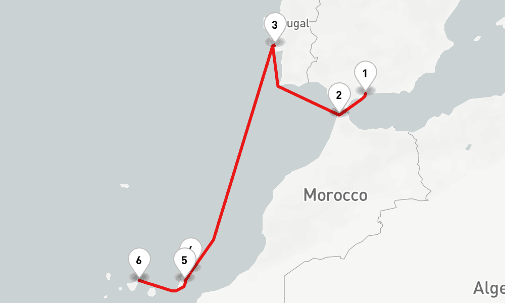 7 days, one-way from Malaga to Santa Cruz de Tenerife 8日間