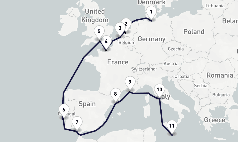 15 days, one-way from Hamburg to Valletta 16日間