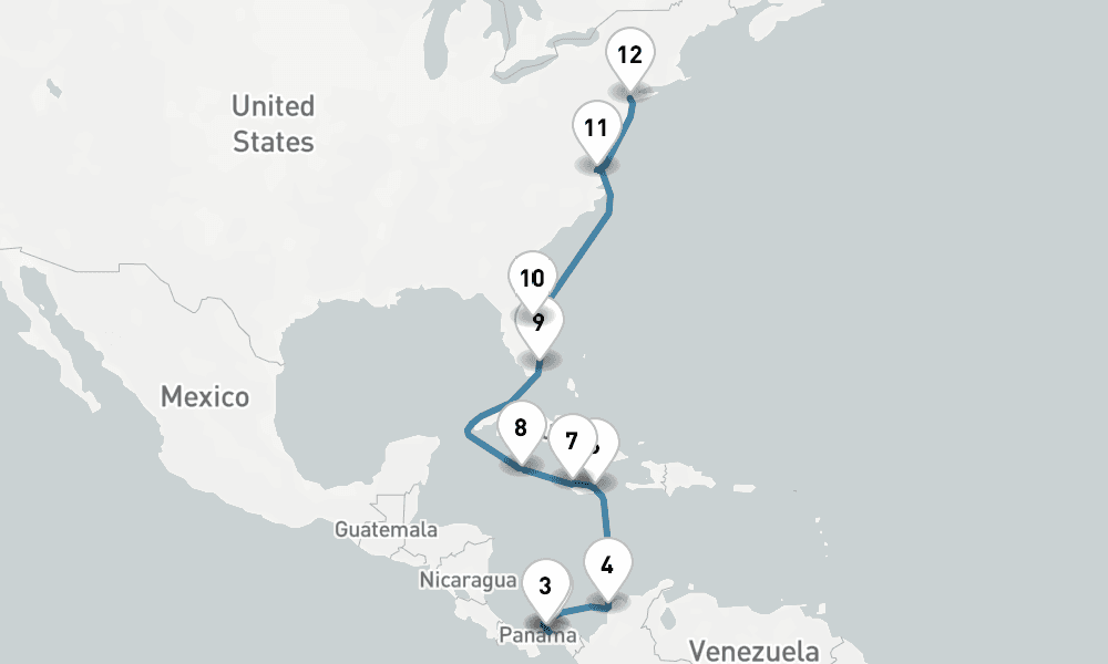 14 days, one-way from Panama City to New York 15日間
