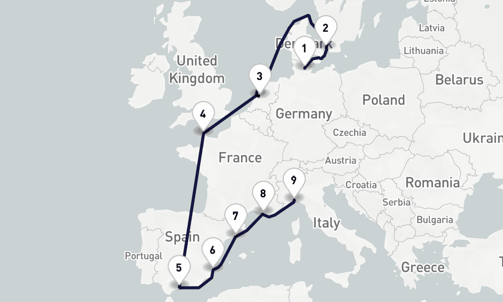 12 days, one-way from Kiel to Genoa 13日間