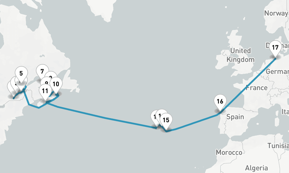25 days, one-way from Montreal to Bremerhaven 26日間