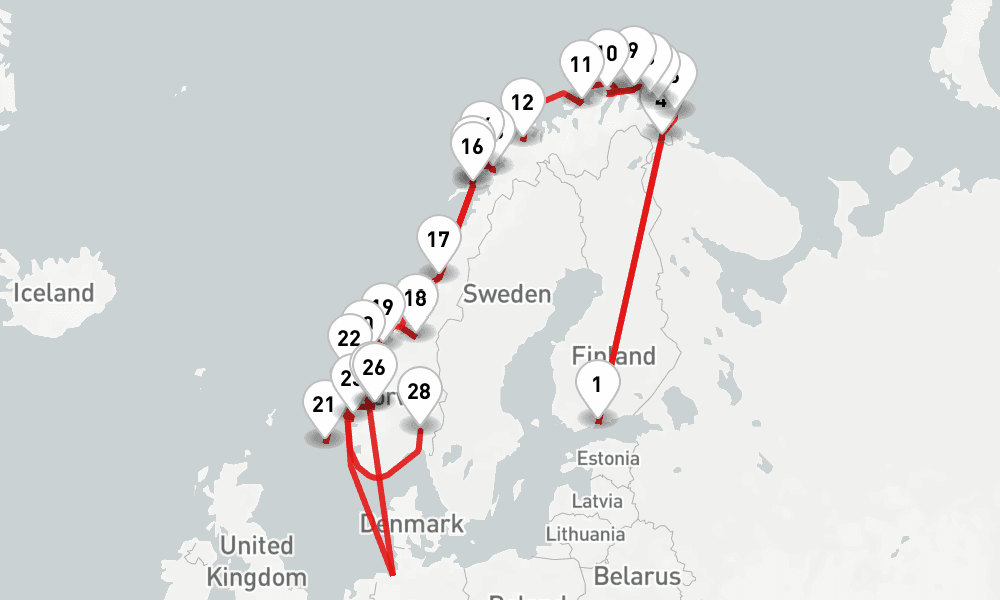 11 nights / 12 days, one-way from Helsinki to Oslo