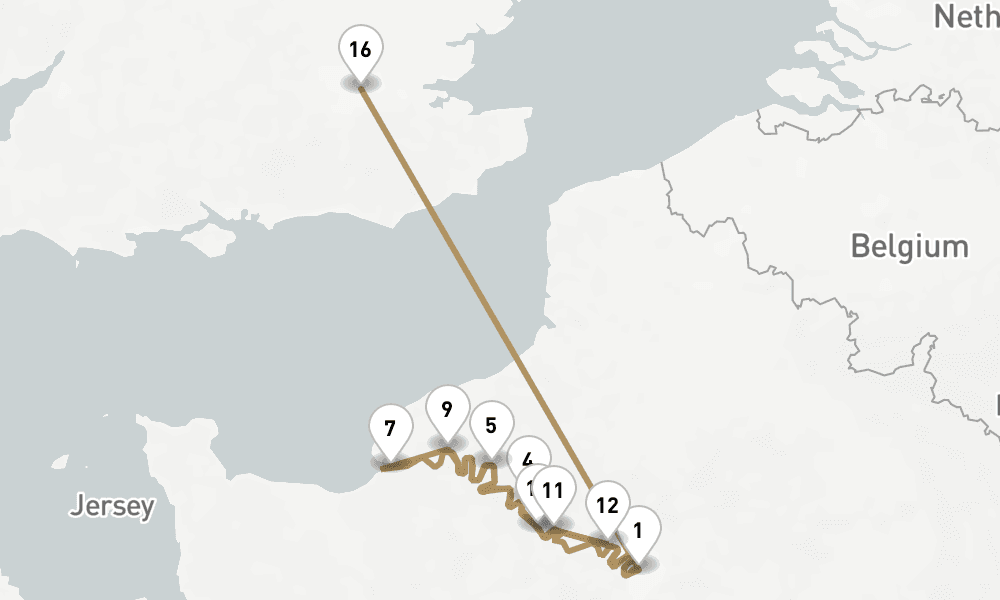 15 nights / 16 days, one-way from Paris to Greenwich (London, England)