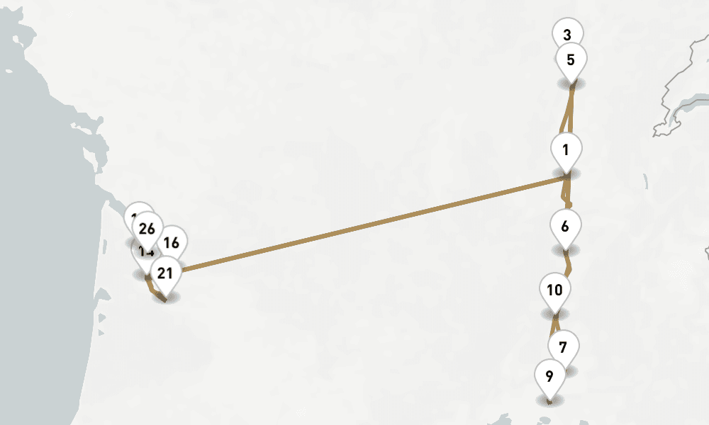 20 nights / 21 days, one-way from Lyon to Bordeaux