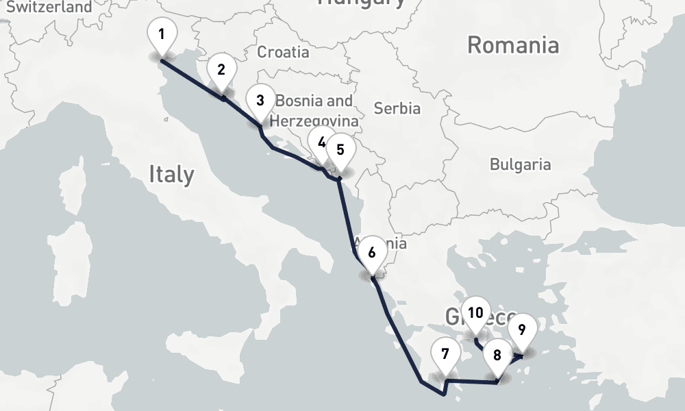 11 nights / 12 days, one-way from Venice to Piraeus (Athens, Greece)