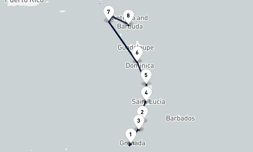 7 nights / 8 days, one-way from St Georges to St Johns (Antigua)