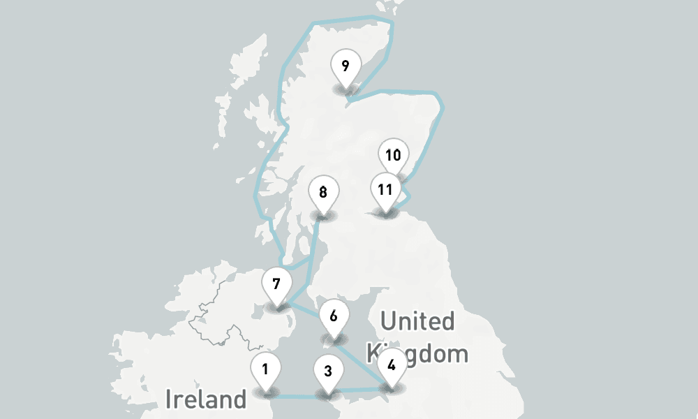 13 nights / 14 days, one-way from Dublin to Edinburgh (Leith, Scotland)