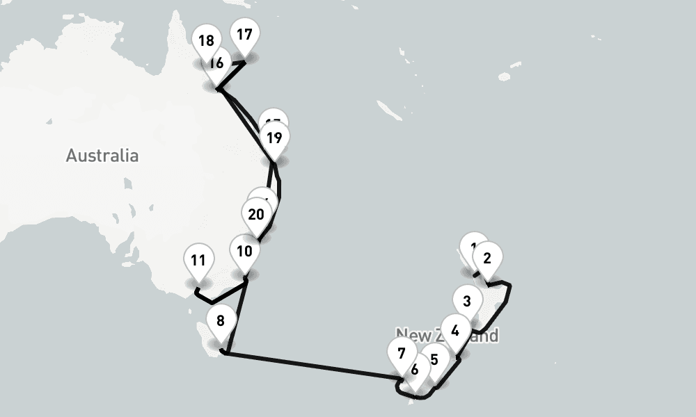 30 nights / 31 days, one-way from Auckland to Sydney (NSW, Australia)