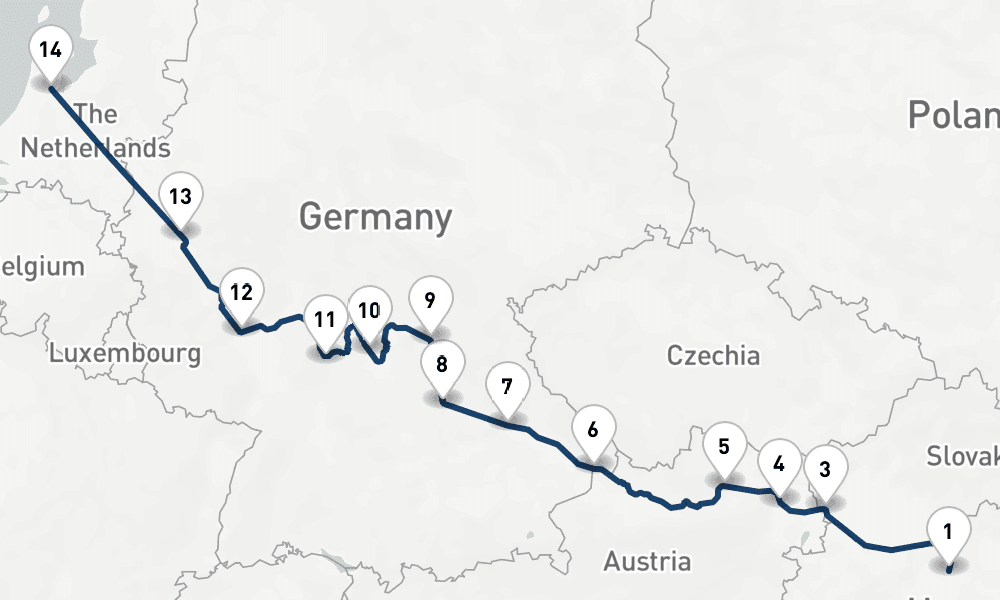 14 nights / 15 days, one-way from Budapest to Amsterdam (Holland)