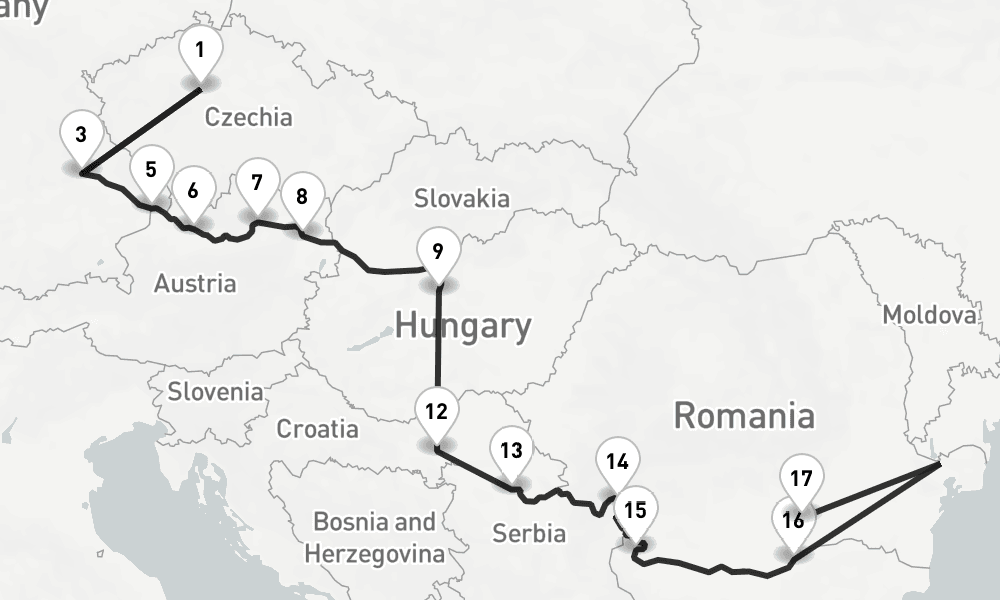 18 nights / 19 days, one-way from Prague (Czech Republic) to Bucharest