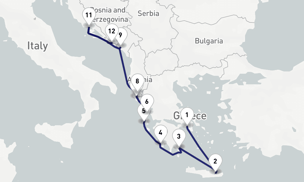 12 nights / 13 days, one-way from Piraeus (Athens, Greece) to Dubrovnik