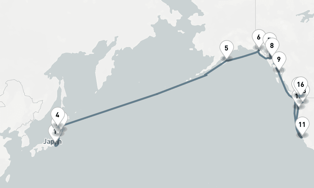 27 days, one-way from Tokyo to Vancouver 28日間