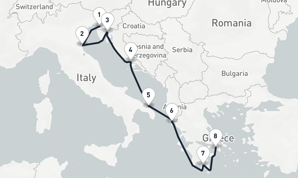 7 days, one-way from Trieste to Piraeus-Athens 8日間