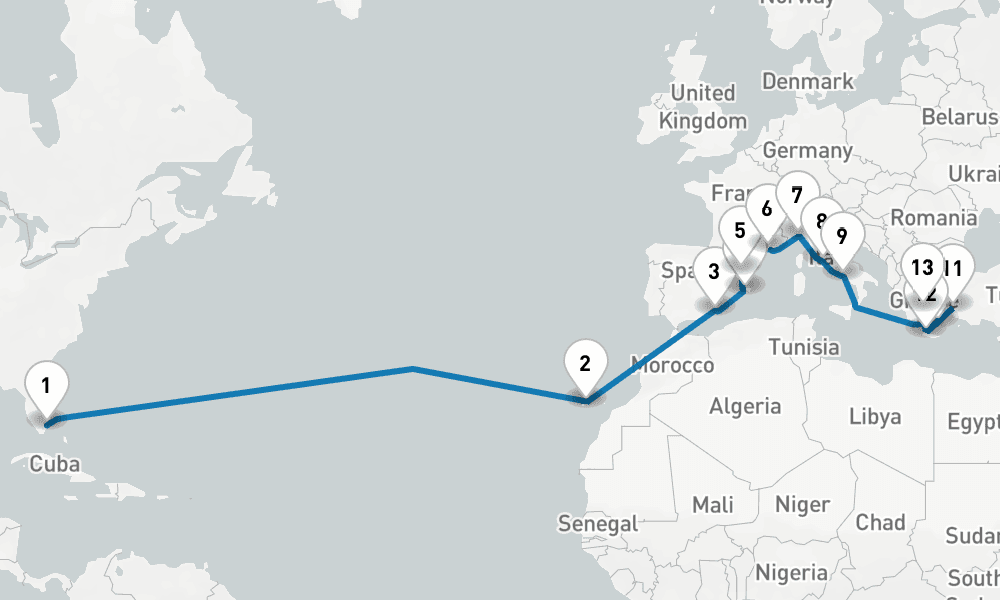 23 days, one-way from Fort Lauderdale to Piraeus-Athens 24日間