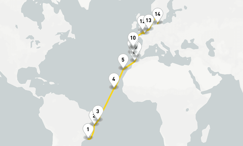 25 days, one-way from Rio de Janeiro to Kiel 26日間