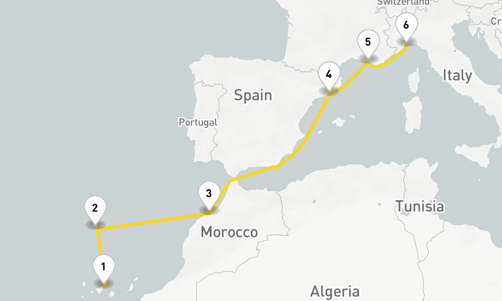 7 days, one-way from Santa Cruz de Tenerife to Savona 8日間
