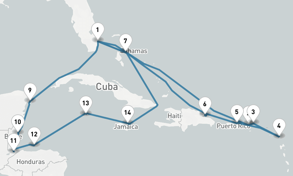 21 days, round-trip The Americas Caribbean - Fort Lauderdale To Fort Lauderdale 22日間