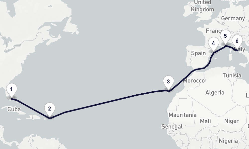 15 days, one-way from Miami to Civitavecchia-Rome 16日間