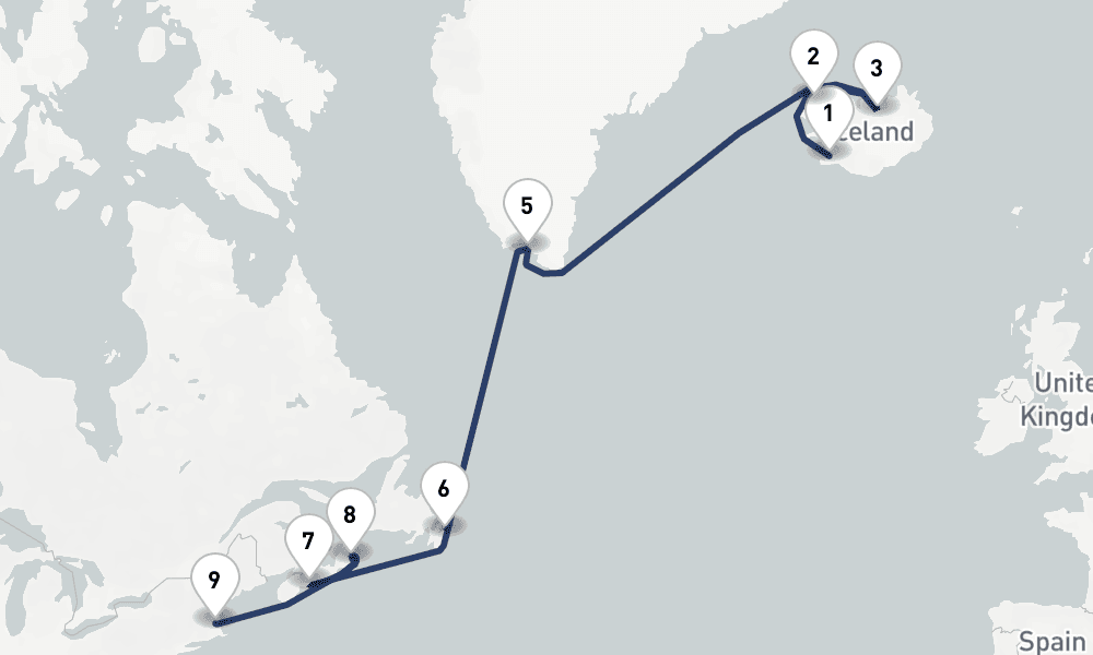 14 days, one-way from Reykjavik to Boston 15日間