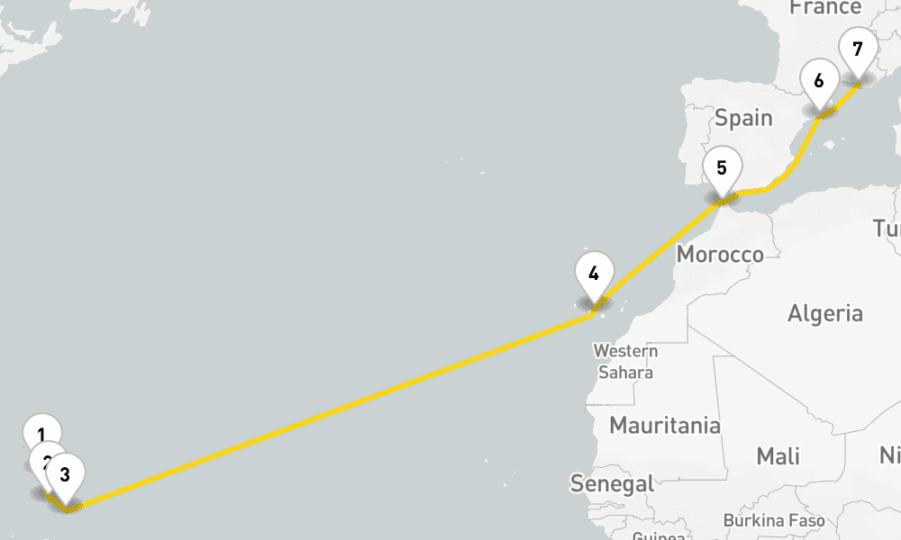 14 days, one-way from Pointe-a-Pitre to Marseille 15日間