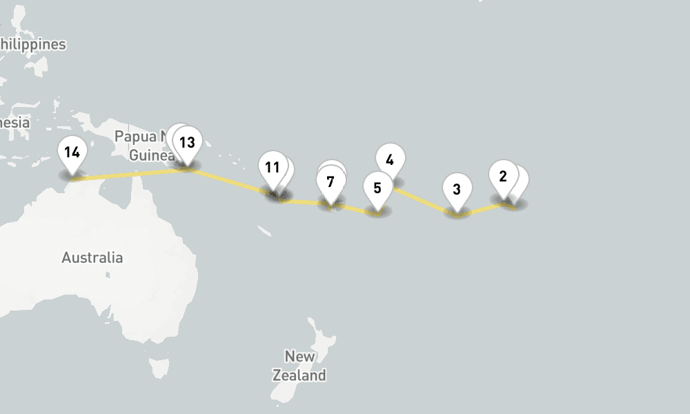 28 days, one-way from Papeete to Darwin 29日間