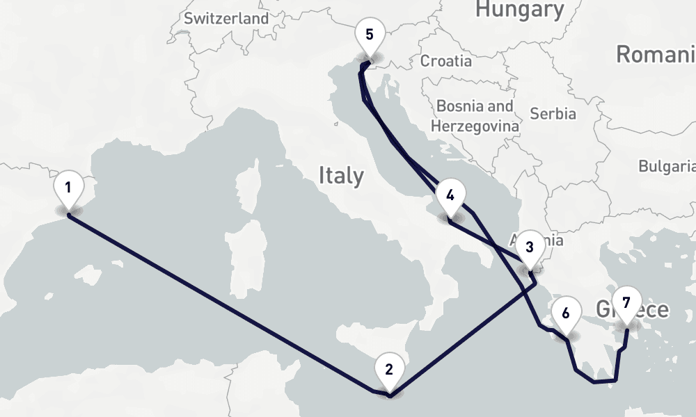 9 days, one-way from Barcelona to Piraeus-Athens 10日間