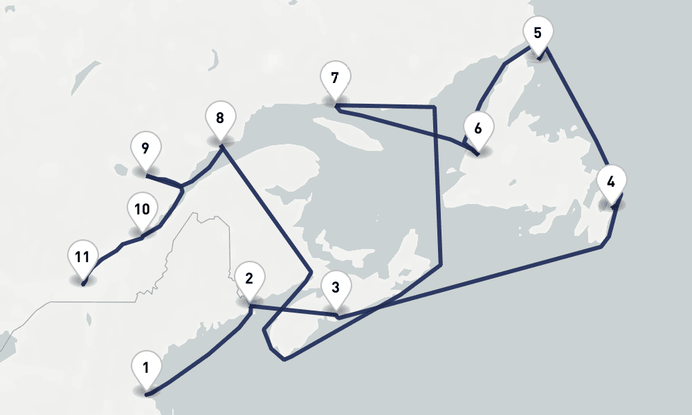 11 days, one-way from Boston to Montreal 12日間