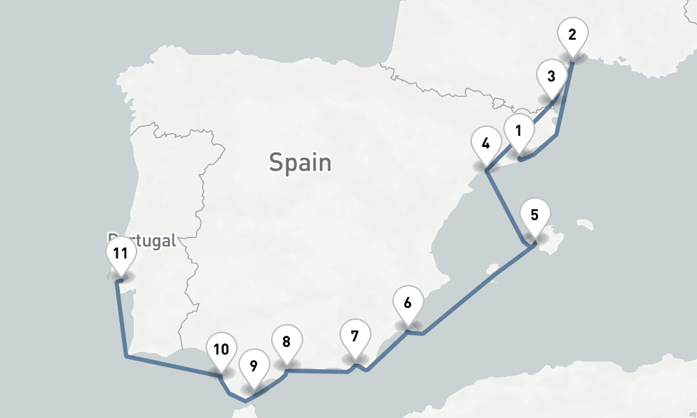 11 days, one-way from Barcelona to Lisbon 12日間