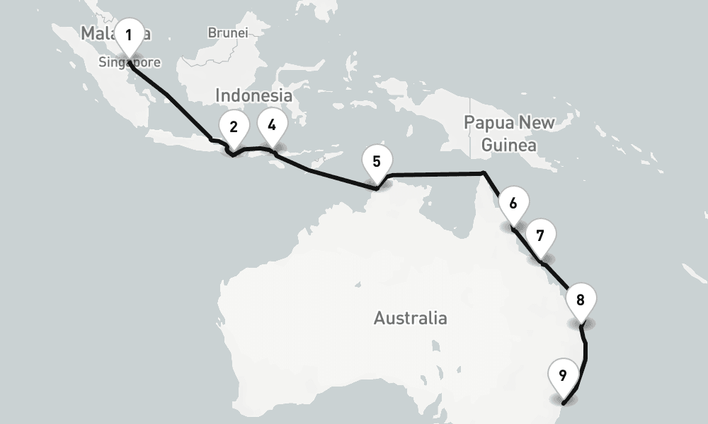 18 nights / 19 days, one-way from Singapore to Sydney (NSW, Australia)