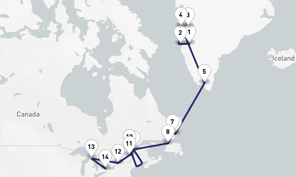 18 days, one-way from Kangerlussuaq to Toronto 19日間