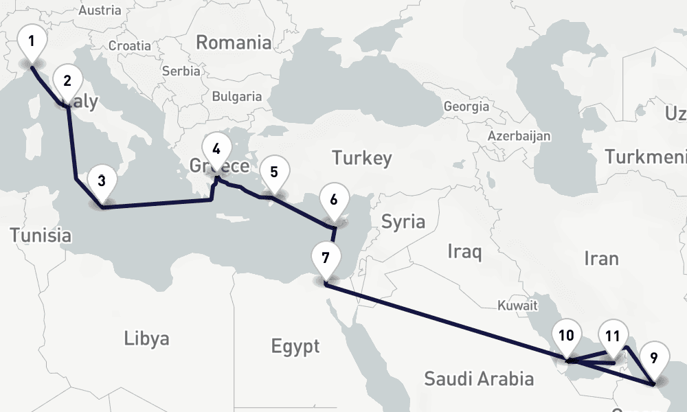 20 days, one-way from Genoa to Dubai 21日間