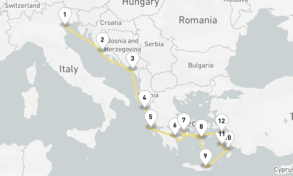 14 days, one-way from Venice to Piraeus-Athens 15日間