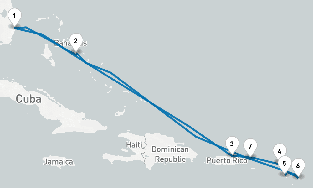 10 days, round-trip Eastern Caribbean with St. Kitts 11日間