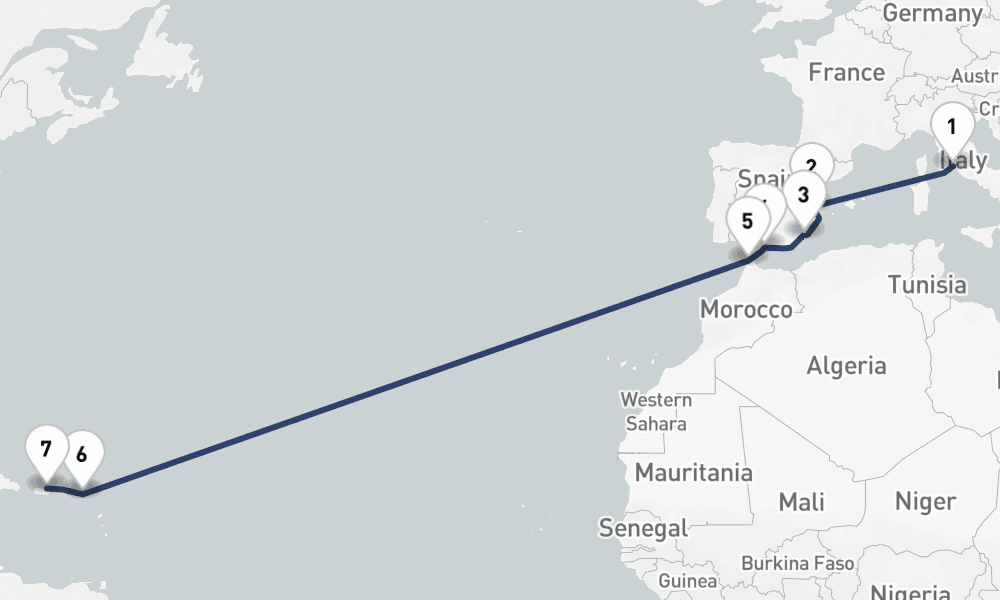 15 days, one-way from Civitavecchia-Rome to San Juan 16日間