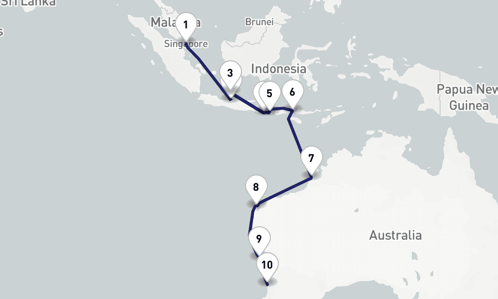 17 nights / 18 days, one-way from Singapore to Fremantle (Perth, Western Australia)