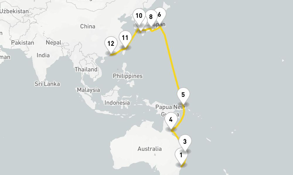 26 days, one-way from Sydney to Hong Kong 27日間