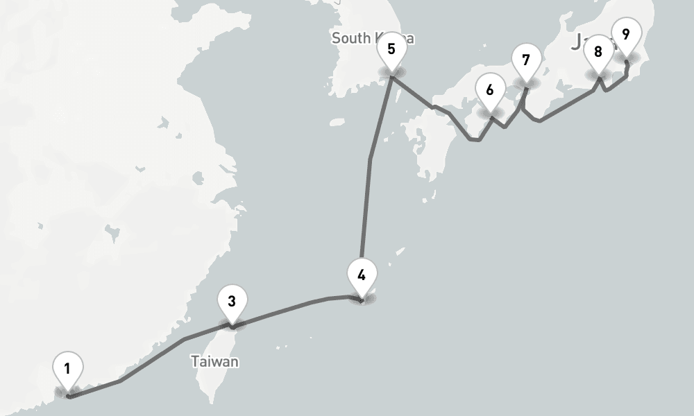 14 days, one-way from Hong Kong to Tokyo 15日間