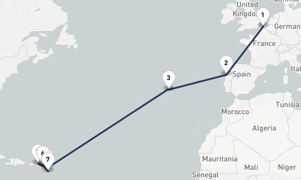 16 days, one-way from Dunkirk to Pointe-a-Pitre 17日間