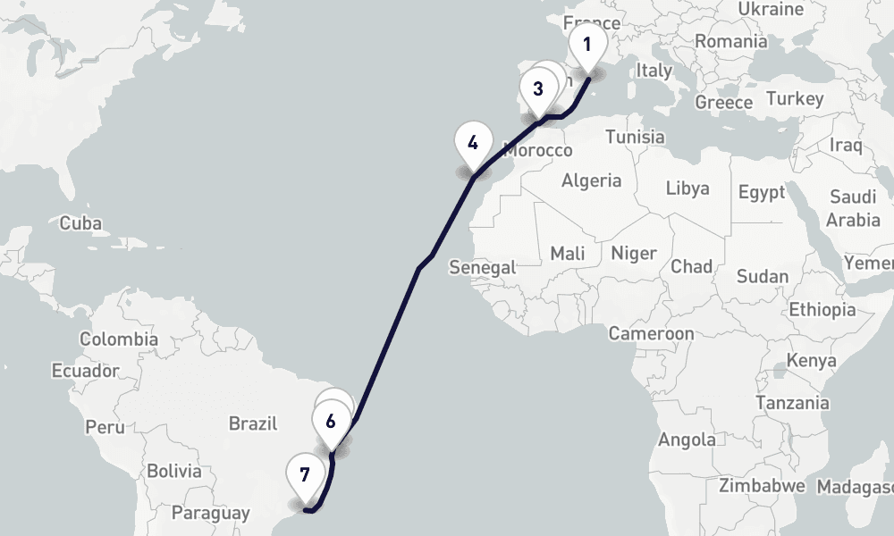 15 days, one-way from Barcelona to Rio de Janeiro 16日間