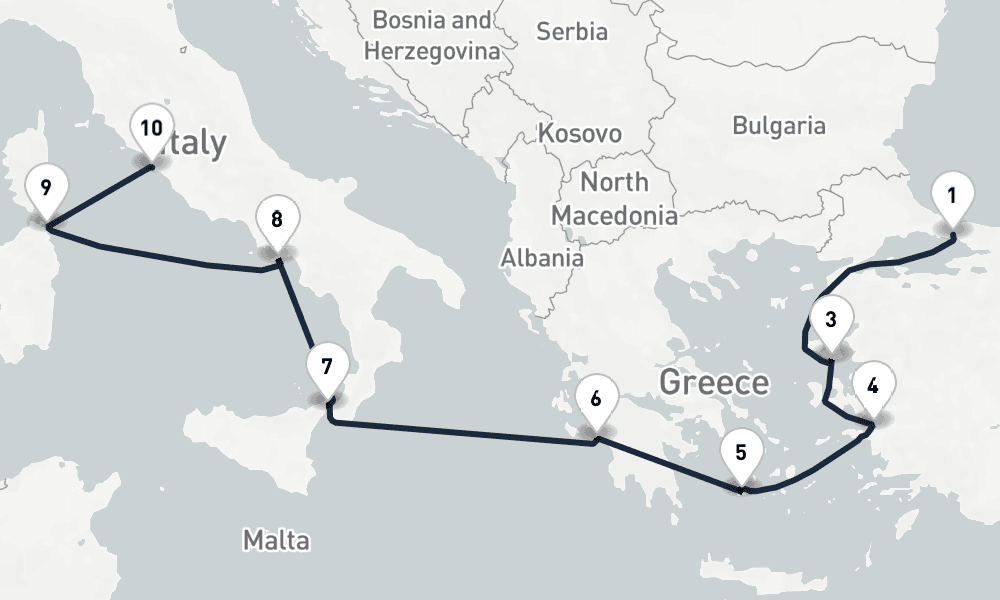 9 days, one-way from Istanbul to Civitavecchia-Rome 10日間