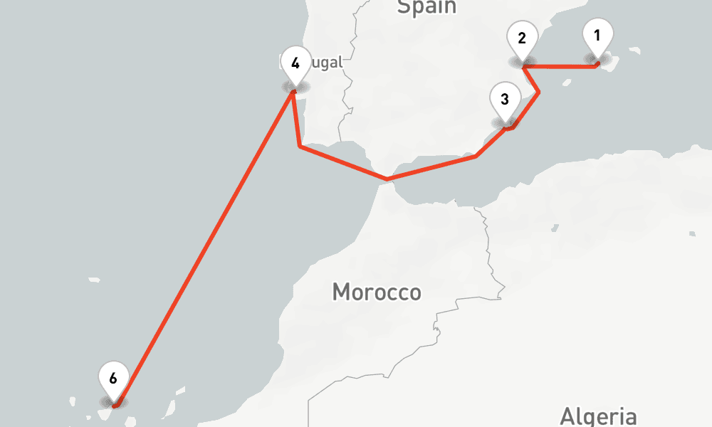 7 days, one-way from Palma de Mallorca to Santa Cruz de Tenerife 8日間